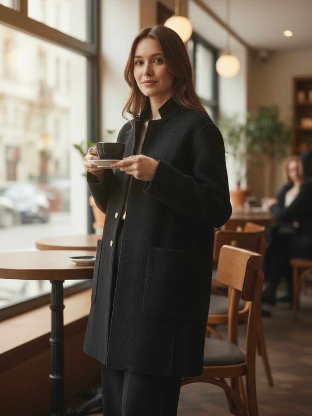 Michael Kors Black Textured Wool Coat with Chain Detail - Picture 4 of 7